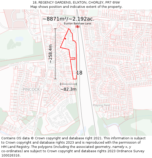 18, REGENCY GARDENS, EUXTON, CHORLEY, PR7 6NW: Plot and title map