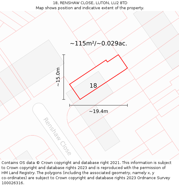 18, RENSHAW CLOSE, LUTON, LU2 8TD: Plot and title map