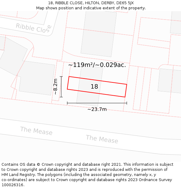 18, RIBBLE CLOSE, HILTON, DERBY, DE65 5JX: Plot and title map