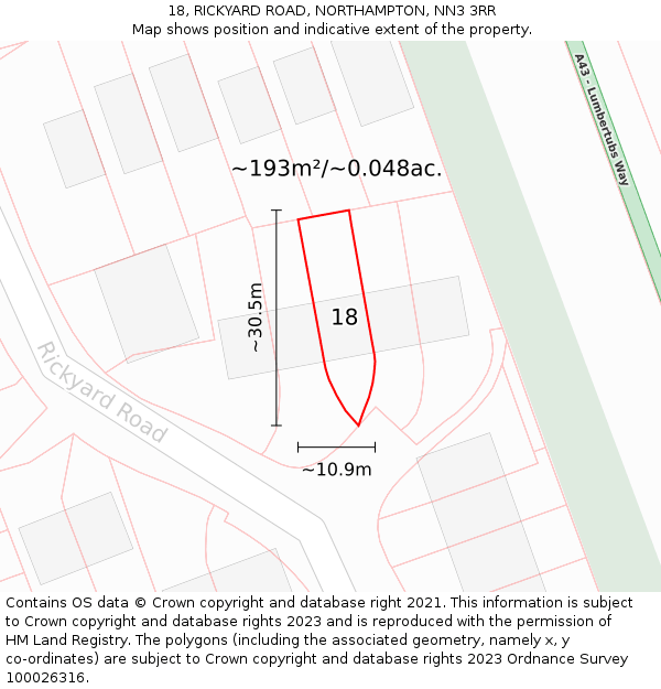 18, RICKYARD ROAD, NORTHAMPTON, NN3 3RR: Plot and title map