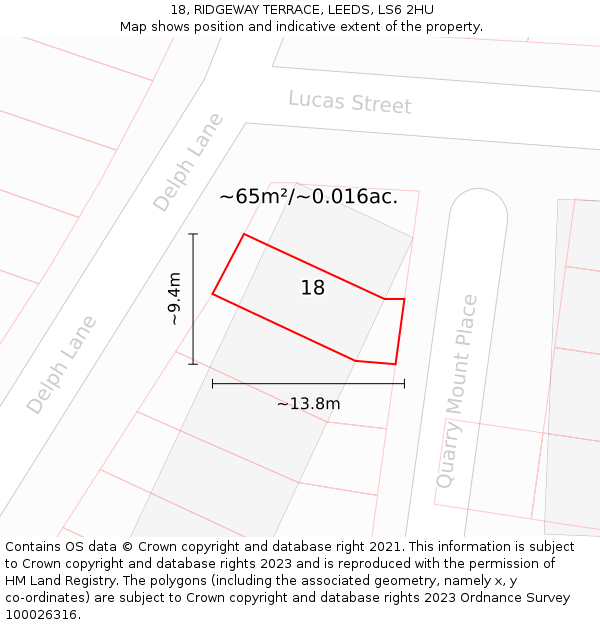 18, RIDGEWAY TERRACE, LEEDS, LS6 2HU: Plot and title map