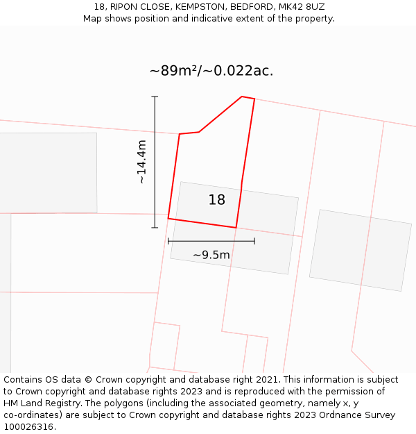 18, RIPON CLOSE, KEMPSTON, BEDFORD, MK42 8UZ: Plot and title map