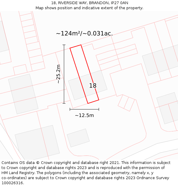 18, RIVERSIDE WAY, BRANDON, IP27 0AN: Plot and title map