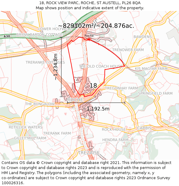 18, ROCK VIEW PARC, ROCHE, ST AUSTELL, PL26 8QA: Plot and title map