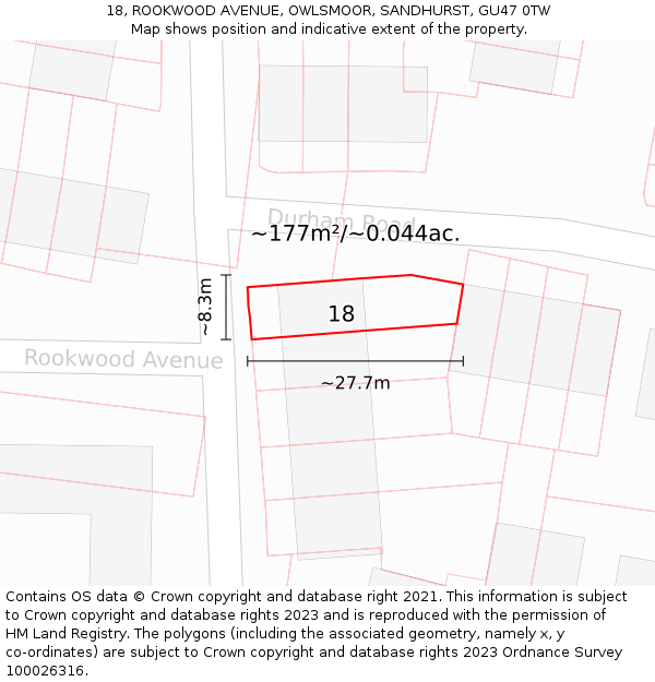 18, ROOKWOOD AVENUE, OWLSMOOR, SANDHURST, GU47 0TW: Plot and title map