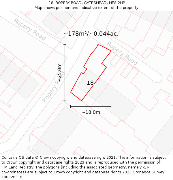 18, ROPERY ROAD, GATESHEAD, NE8 2HP: Plot and title map