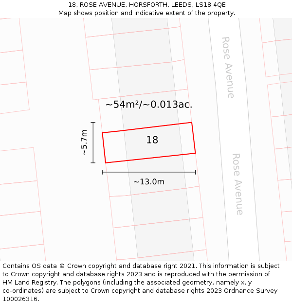 18, ROSE AVENUE, HORSFORTH, LEEDS, LS18 4QE: Plot and title map