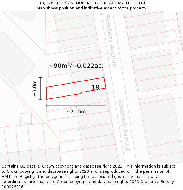 18, ROSEBERY AVENUE, MELTON MOWBRAY, LE13 1BN: Plot and title map