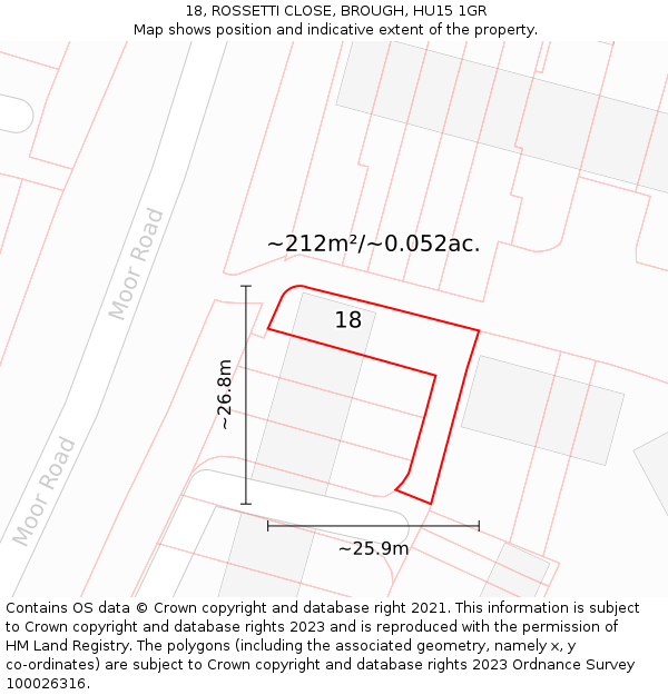 18, ROSSETTI CLOSE, BROUGH, HU15 1GR: Plot and title map