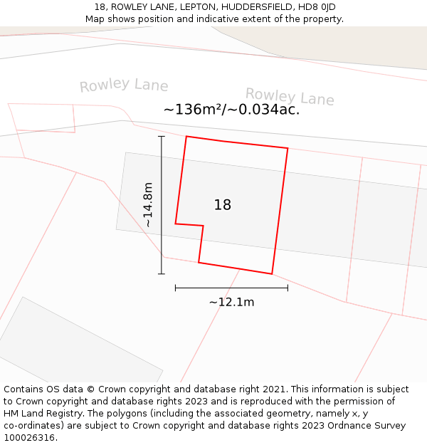 18, ROWLEY LANE, LEPTON, HUDDERSFIELD, HD8 0JD: Plot and title map