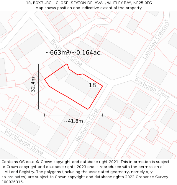 18, ROXBURGH CLOSE, SEATON DELAVAL, WHITLEY BAY, NE25 0FG: Plot and title map