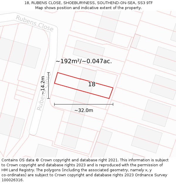 18, RUBENS CLOSE, SHOEBURYNESS, SOUTHEND-ON-SEA, SS3 9TF: Plot and title map