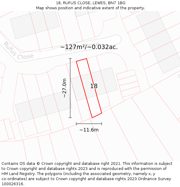 18, RUFUS CLOSE, LEWES, BN7 1BG: Plot and title map
