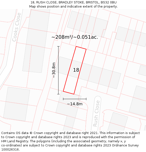 18, RUSH CLOSE, BRADLEY STOKE, BRISTOL, BS32 0BU: Plot and title map