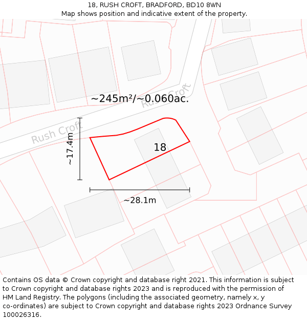 18, RUSH CROFT, BRADFORD, BD10 8WN: Plot and title map