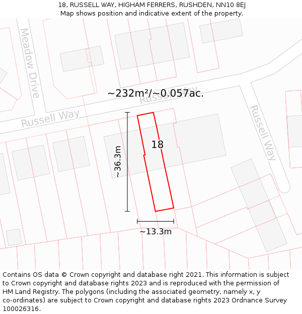 18, RUSSELL WAY, HIGHAM FERRERS, RUSHDEN, NN10 8EJ: Plot and title map