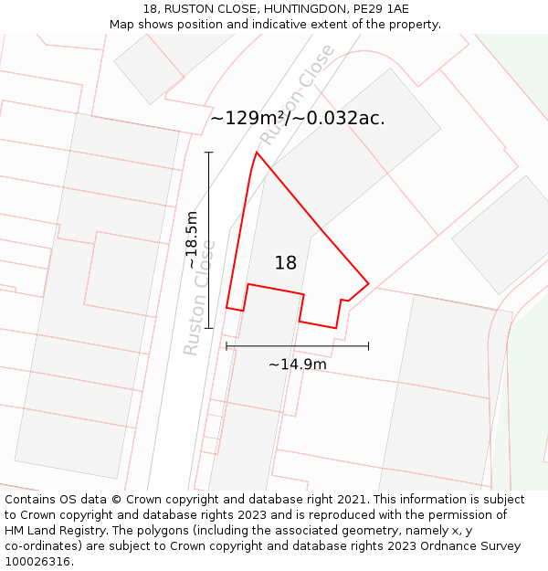 18, RUSTON CLOSE, HUNTINGDON, PE29 1AE: Plot and title map