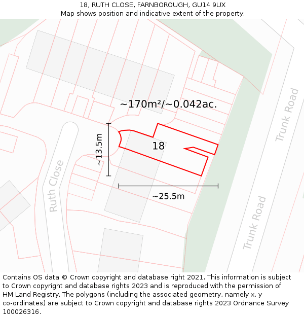 18, RUTH CLOSE, FARNBOROUGH, GU14 9UX: Plot and title map