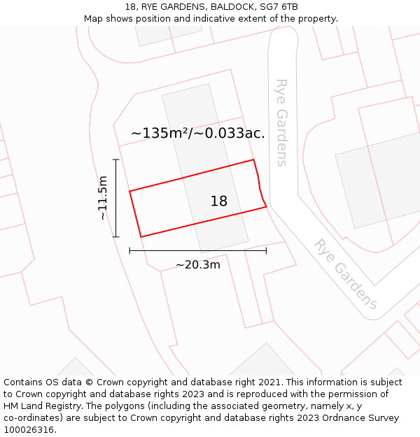 18, RYE GARDENS, BALDOCK, SG7 6TB: Plot and title map