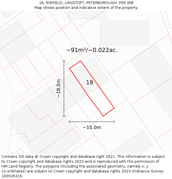 18, RYEFIELD, LANGTOFT, PETERBOROUGH, PE6 9RE: Plot and title map