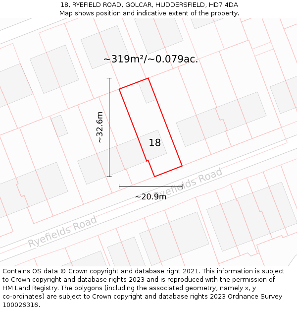 18, RYEFIELD ROAD, GOLCAR, HUDDERSFIELD, HD7 4DA: Plot and title map