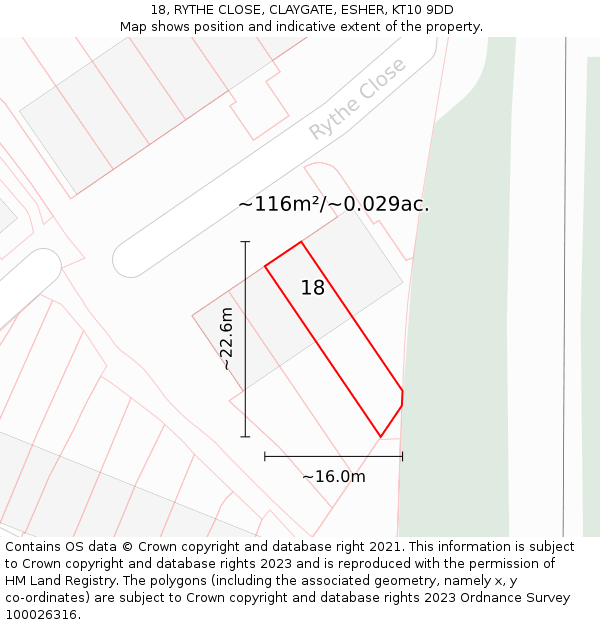 18, RYTHE CLOSE, CLAYGATE, ESHER, KT10 9DD: Plot and title map