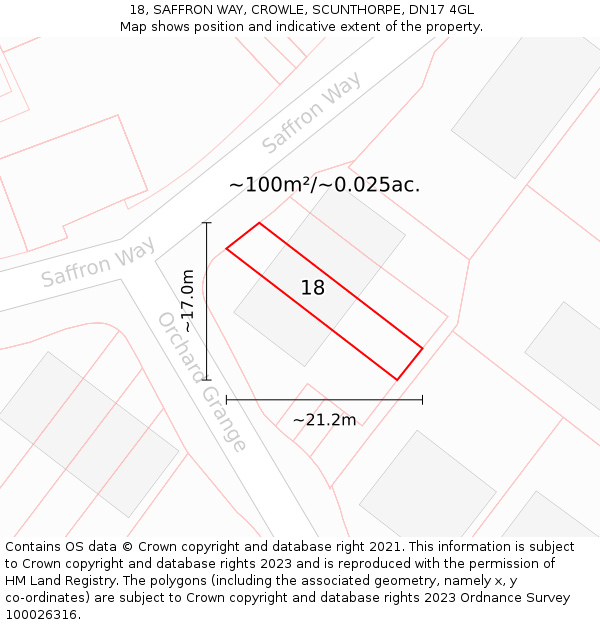 18, SAFFRON WAY, CROWLE, SCUNTHORPE, DN17 4GL: Plot and title map