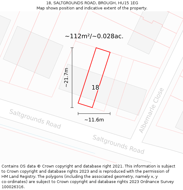 18, SALTGROUNDS ROAD, BROUGH, HU15 1EG: Plot and title map