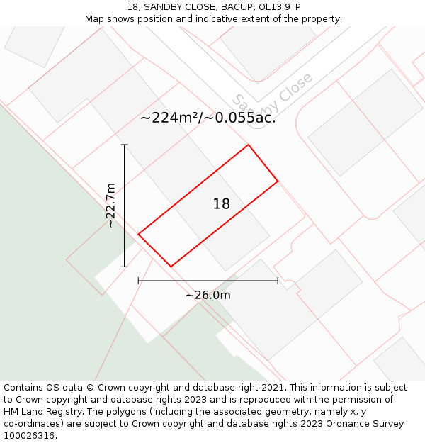 18, SANDBY CLOSE, BACUP, OL13 9TP: Plot and title map