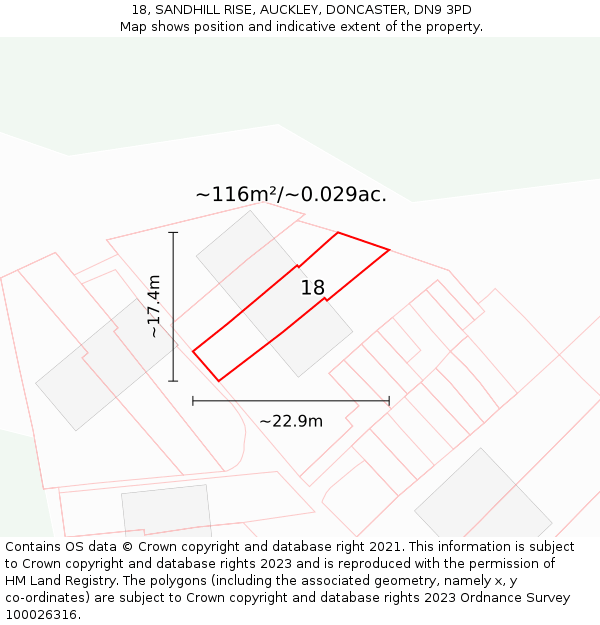 18, SANDHILL RISE, AUCKLEY, DONCASTER, DN9 3PD: Plot and title map