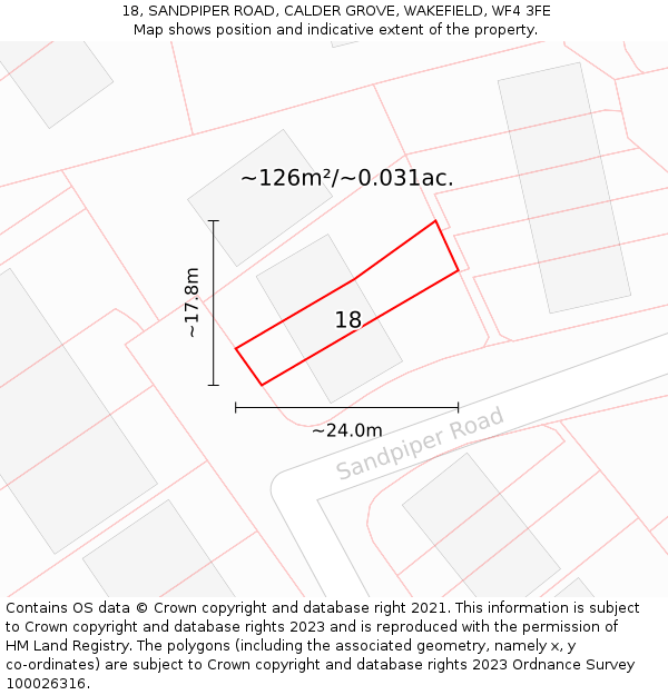 18, SANDPIPER ROAD, CALDER GROVE, WAKEFIELD, WF4 3FE: Plot and title map