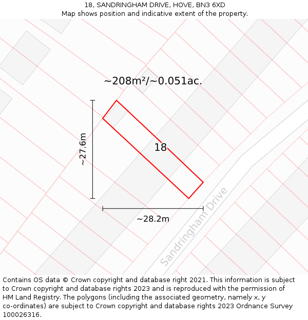 18, SANDRINGHAM DRIVE, HOVE, BN3 6XD: Plot and title map