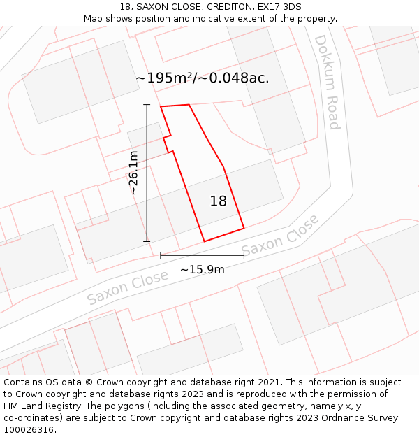 18, SAXON CLOSE, CREDITON, EX17 3DS: Plot and title map