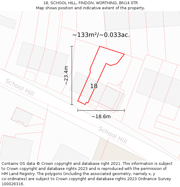 18, SCHOOL HILL, FINDON, WORTHING, BN14 0TR: Plot and title map