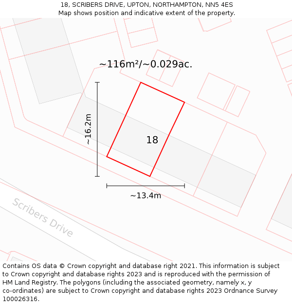 18, SCRIBERS DRIVE, UPTON, NORTHAMPTON, NN5 4ES: Plot and title map
