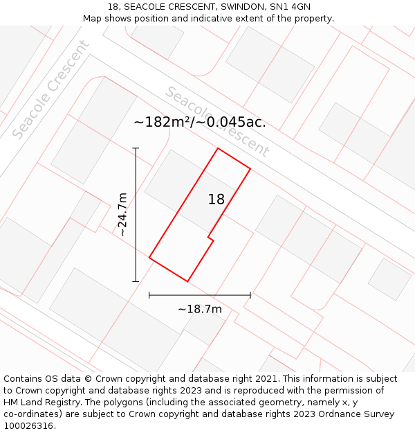 18, SEACOLE CRESCENT, SWINDON, SN1 4GN: Plot and title map