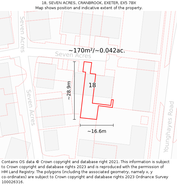 18, SEVEN ACRES, CRANBROOK, EXETER, EX5 7BX: Plot and title map