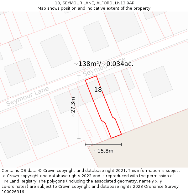 18, SEYMOUR LANE, ALFORD, LN13 9AP: Plot and title map
