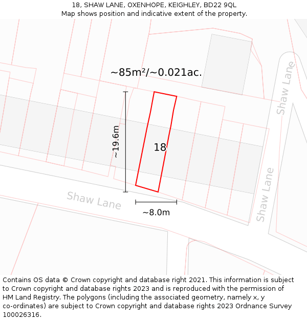 18, SHAW LANE, OXENHOPE, KEIGHLEY, BD22 9QL: Plot and title map