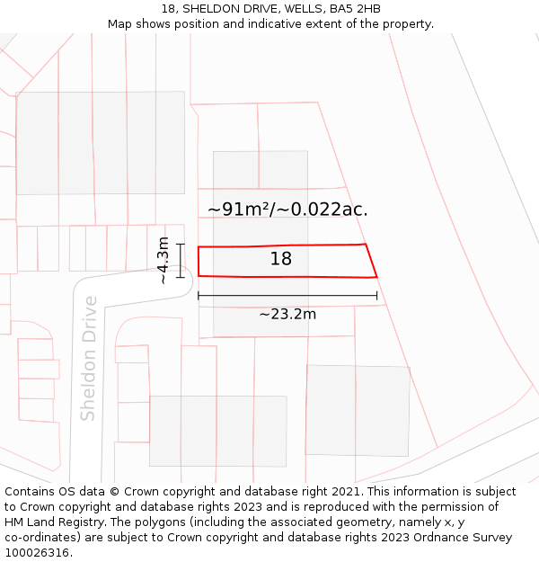 18, SHELDON DRIVE, WELLS, BA5 2HB: Plot and title map