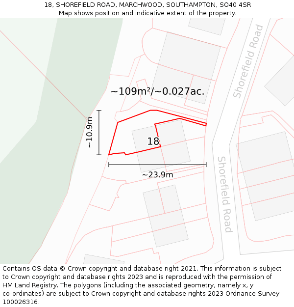18, SHOREFIELD ROAD, MARCHWOOD, SOUTHAMPTON, SO40 4SR: Plot and title map