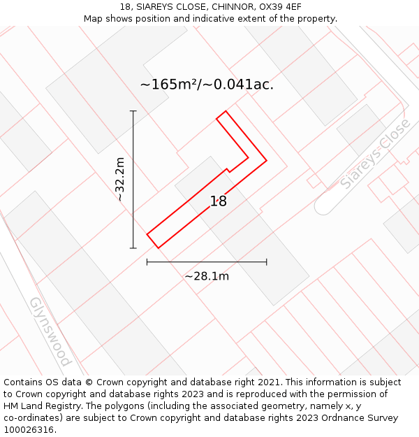 18, SIAREYS CLOSE, CHINNOR, OX39 4EF: Plot and title map
