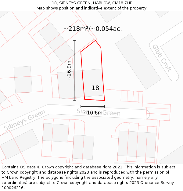 18, SIBNEYS GREEN, HARLOW, CM18 7HP: Plot and title map