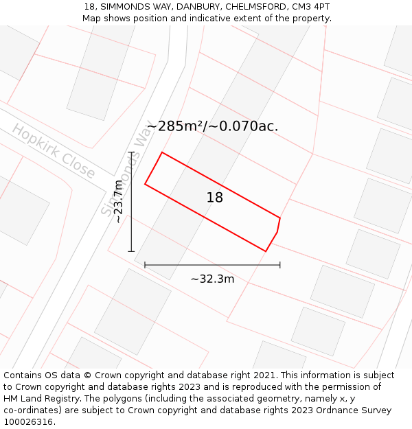 18, SIMMONDS WAY, DANBURY, CHELMSFORD, CM3 4PT: Plot and title map