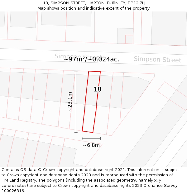 18, SIMPSON STREET, HAPTON, BURNLEY, BB12 7LJ: Plot and title map