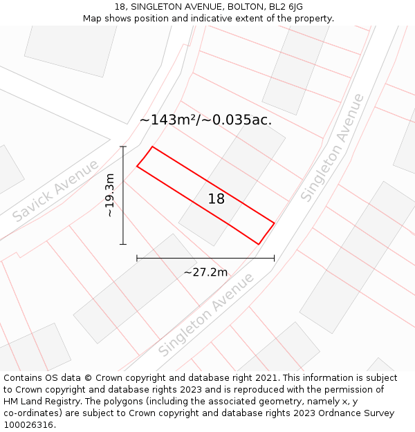 18, SINGLETON AVENUE, BOLTON, BL2 6JG: Plot and title map