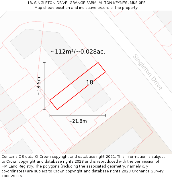 18, SINGLETON DRIVE, GRANGE FARM, MILTON KEYNES, MK8 0PE: Plot and title map