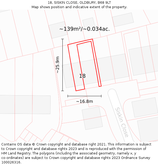 18, SISKIN CLOSE, OLDBURY, B68 9LT: Plot and title map