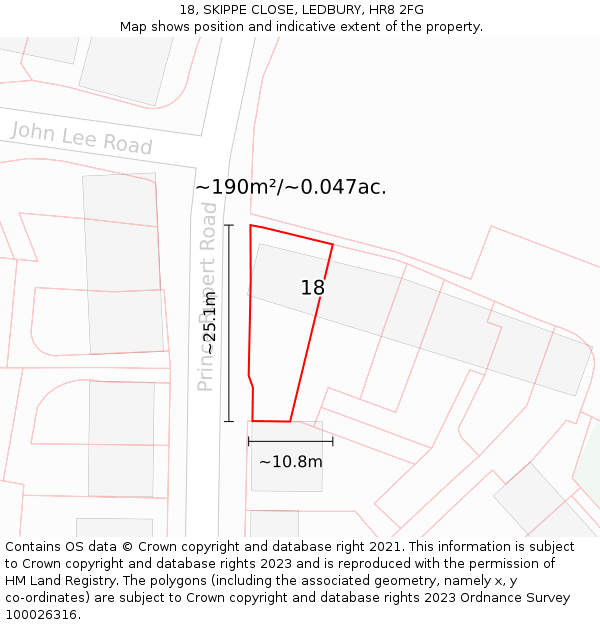 18, SKIPPE CLOSE, LEDBURY, HR8 2FG: Plot and title map