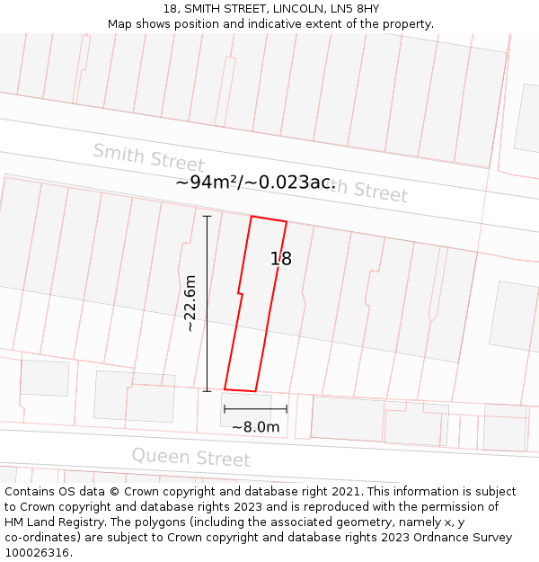 18, SMITH STREET, LINCOLN, LN5 8HY: Plot and title map